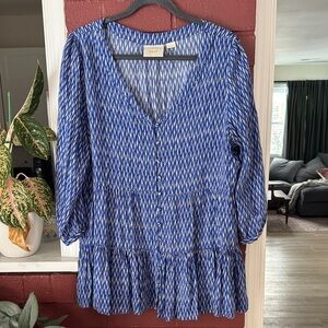 Maeve Blue and White Tiered Button Front Patterned Top